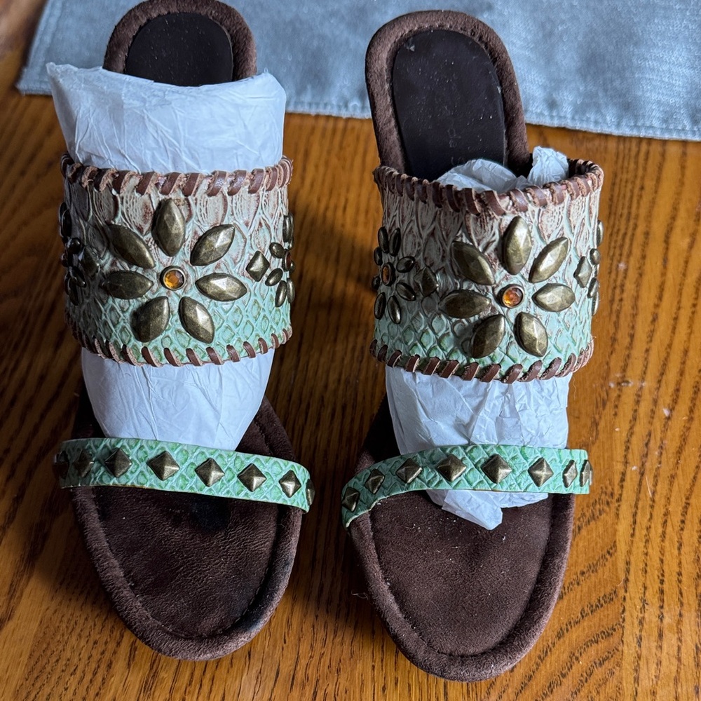 Amanda Smith Mint Green Beaded Slide Sandals with Bronze Floral Accents